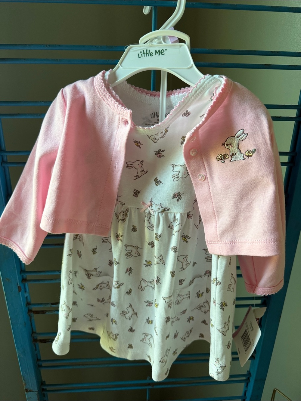 Little Me Pink and White Bunny Print Dress with Pink Cardigan